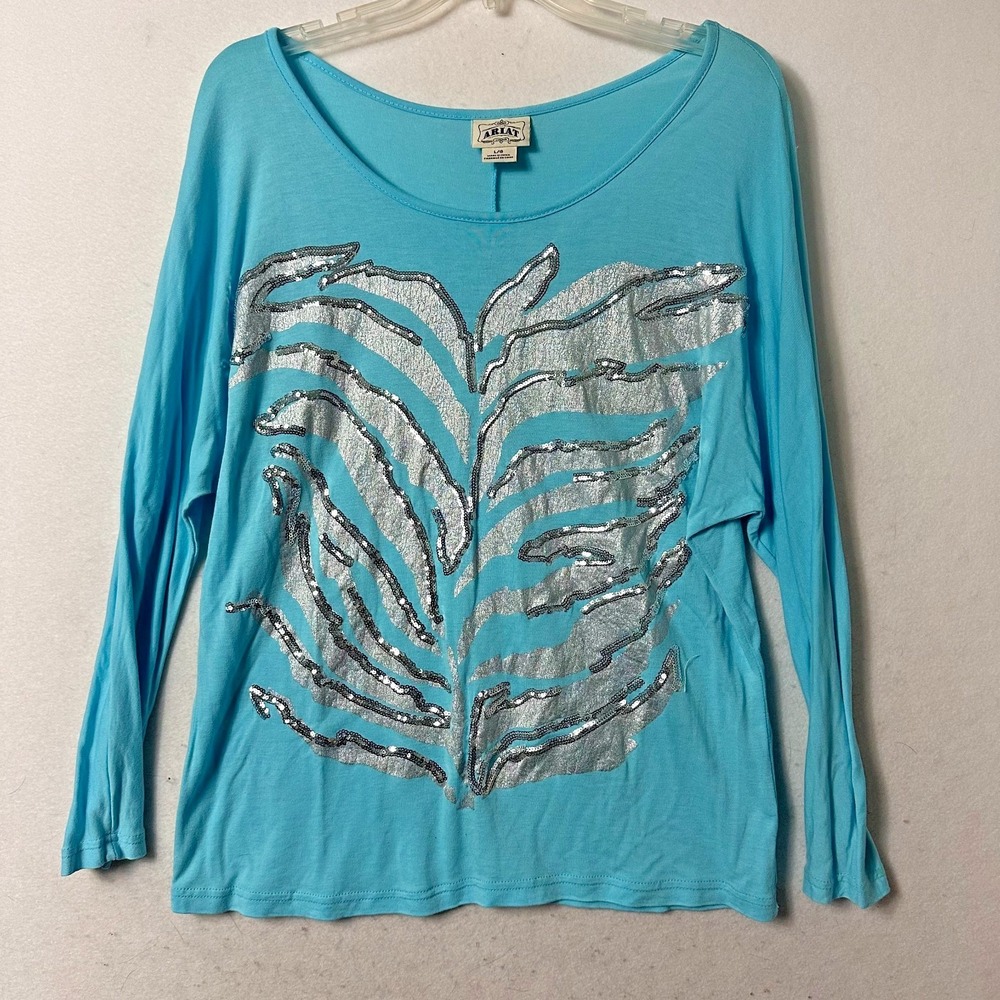 ARIAT‎ Women's top tee t shirt sz L Aqua Blue Silver Sequin Western Art cowgirl